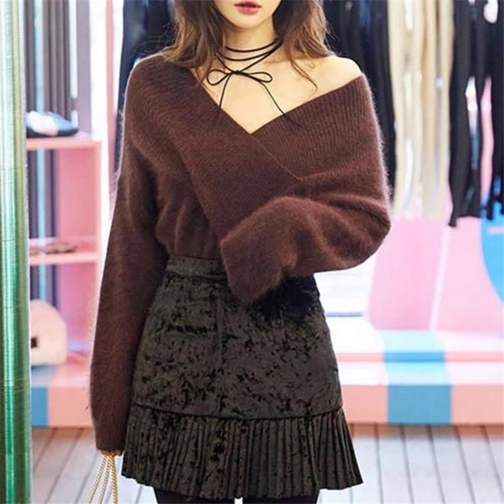 Fuzzy sweater vneck off shoulder mahogany brown long sleeve top eyelash